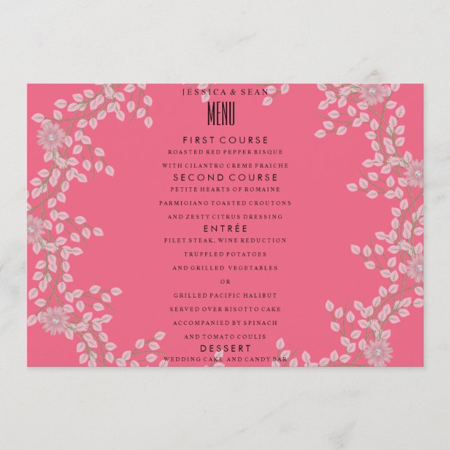 Menu de mariage chic fleurs roses et perles (Devant)