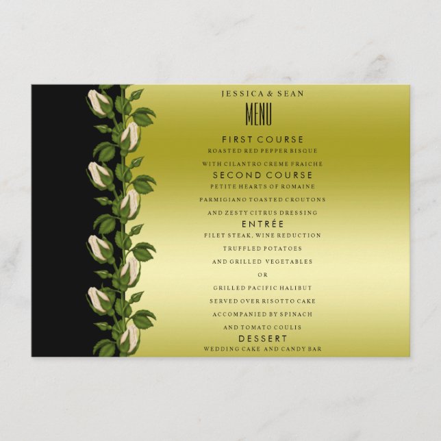 Menu de mariage chic floral romantique or et noir (Devant)