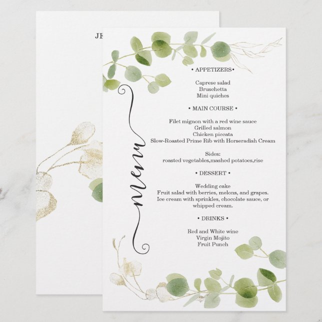 Menu de mariage chic or rustique eucalyptus verdur (Devant / Derrière)