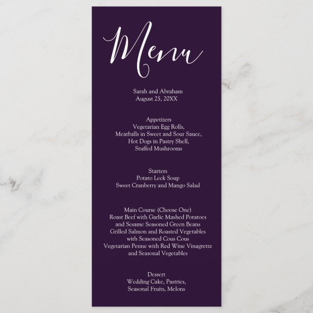 Menu de mariage chic violet et blanc élégant (Devant)