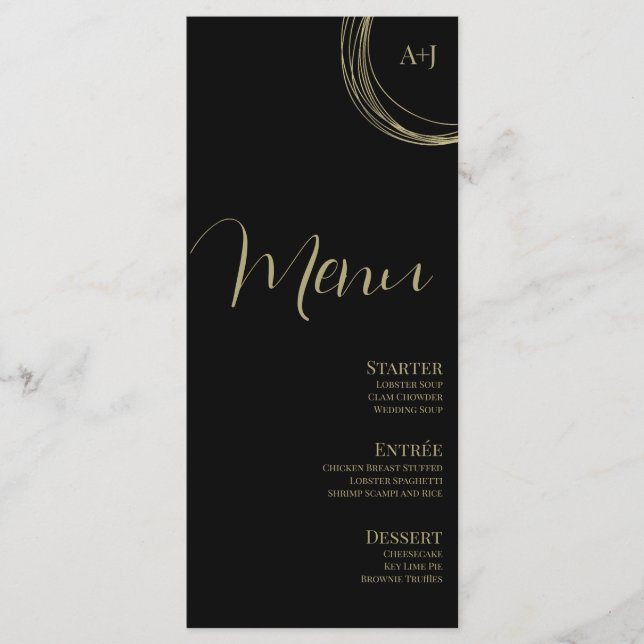 Menu de mariage circulaire en or noir avec écritur (Devant)