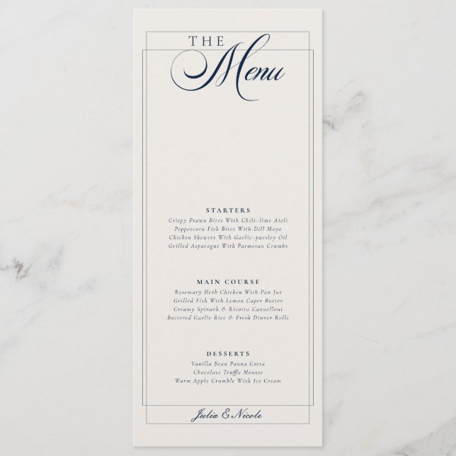 Menu de mariage classique calligraphié bleu marine (Devant)