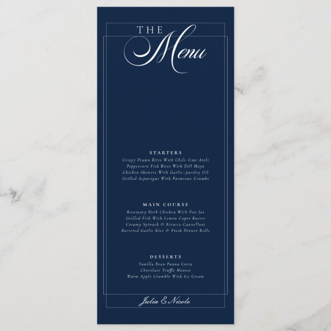 Menu de mariage classique calligraphié bleu marine (Devant)