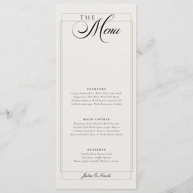Menu de mariage classique calligraphié sur ivoire  (Devant)
