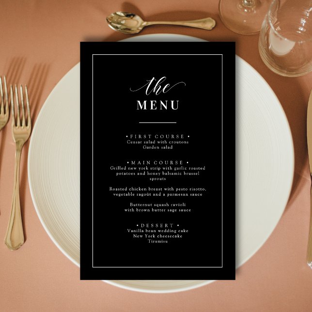 Menu de mariage classique élégant noir et blanc (Classic elegant black and white wedding menu creates a refined, timeless dining experience)