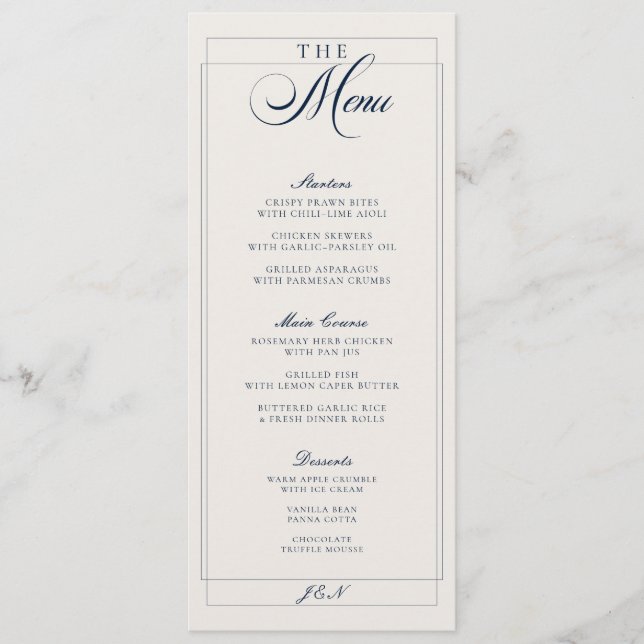 Menu de mariage classique ivoire bleu marine calli (Devant)