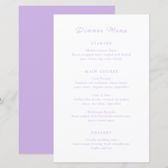 Menu de mariage classique Lilac intemporel (Devant / Derrière)