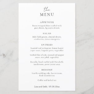Menu de mariage classique minimaliste noir et blan