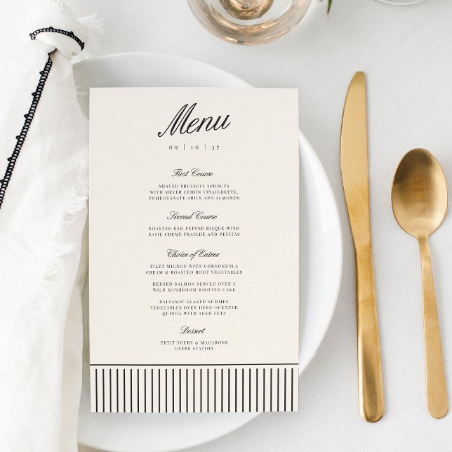Menu de mariage classique rayé noir et écru (Créateur téléchargé)