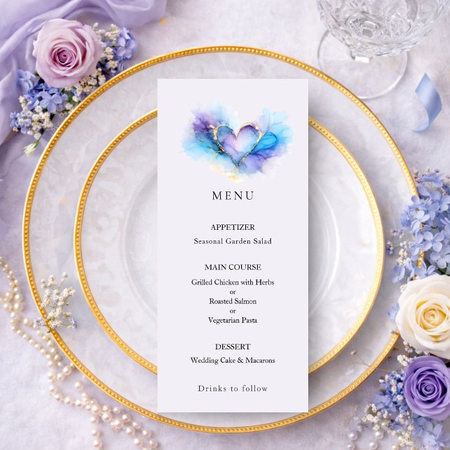Menu de mariage cœur abstrait bleu violet or (Créateur téléchargé)