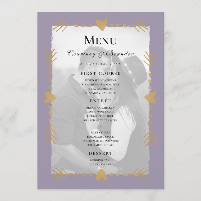 Menu de mariage cœurs dorés photo moderne violet (Devant)