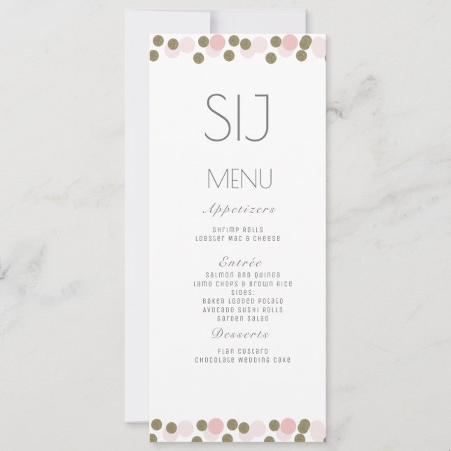 Menu de mariage confettis points roses or (Devant)