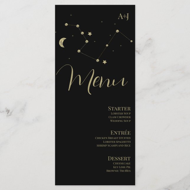 Menu de mariage Constellation Script Noir Or (Devant)