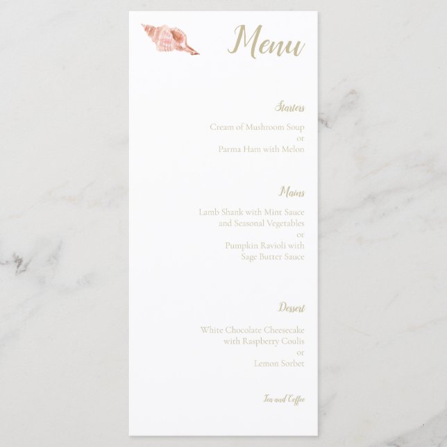 Menu de mariage coquille de conque aquarelle (Devant)