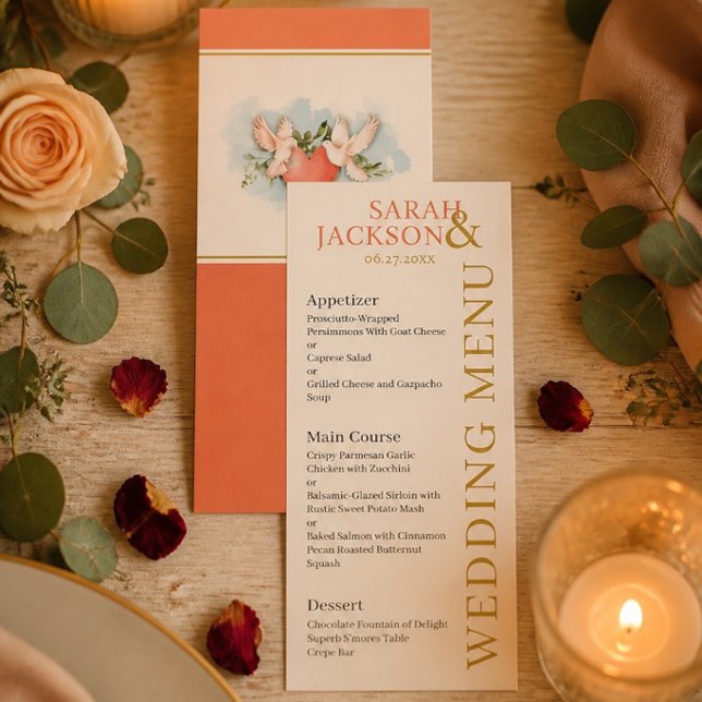 Menu de mariage corail colombes romantiques (Créateur téléchargé)