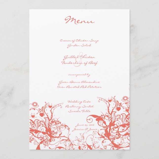Menu de mariage Coral Birds et Swirls (Devant)