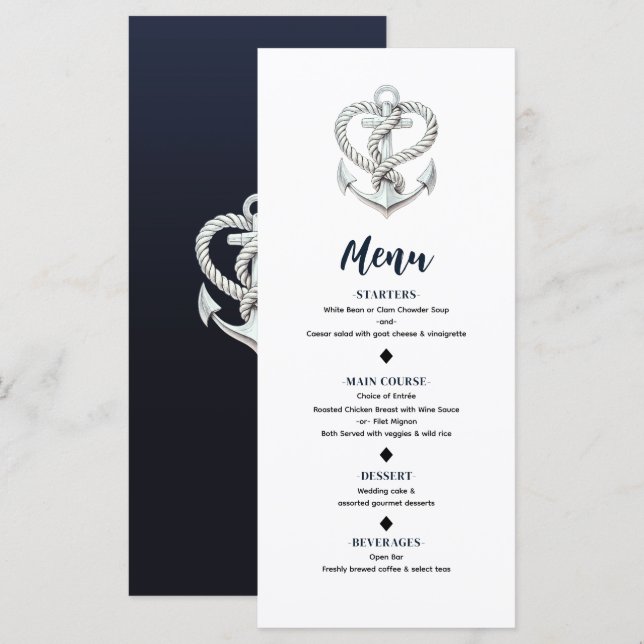 Menu de mariage côtier d'ancre de corde de cœur na (Devant / Derrière)