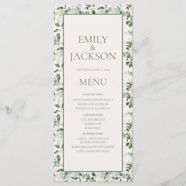 Menu de mariage crème aux feuilles vertes de sauge (Devant)