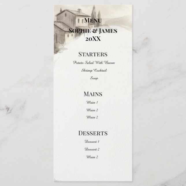 Menu de mariage croquis du château des Highlands (Devant)