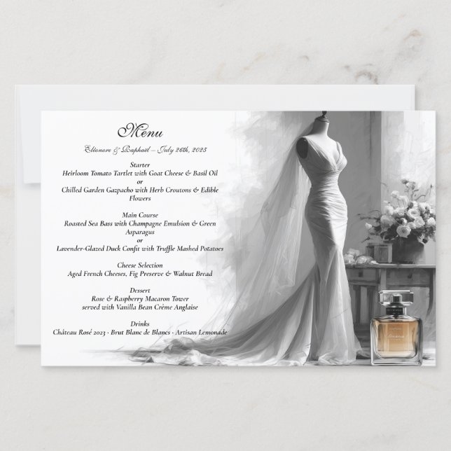 Menu de mariage croquis romantique avec parfum vin (Devant)