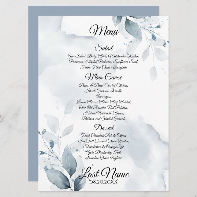 Menu de mariage | Custom 1 Dusty Blue Botanical Me (Devant / Derrière)