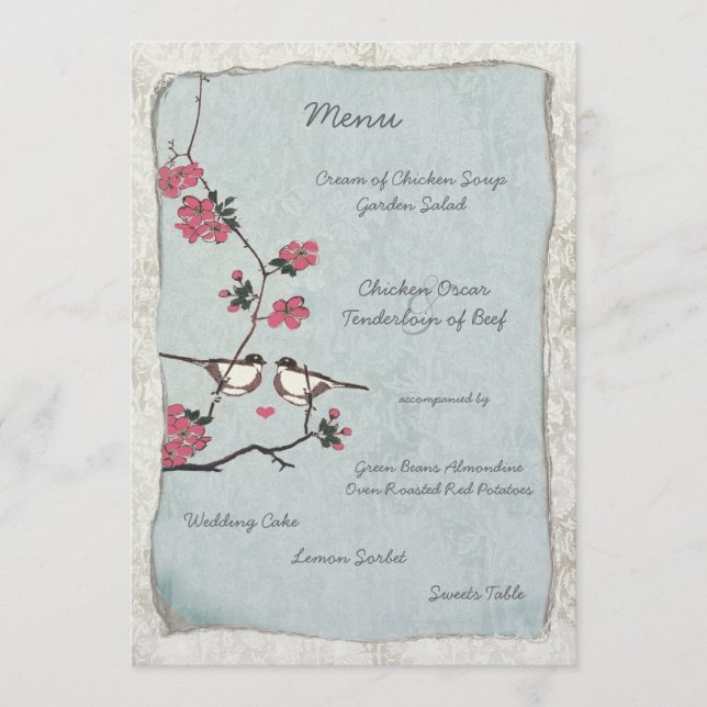 Menu de mariage damassé au thème de la mésange et  (Devant)
