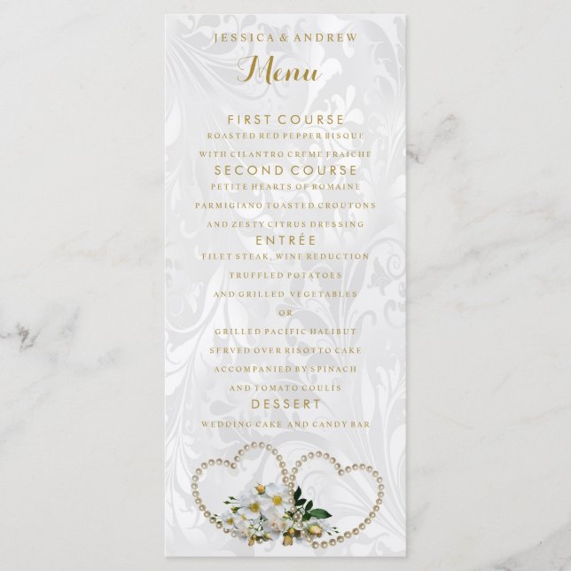 Menu de mariage damassé Pearl Hearts & Flowers (Devant)