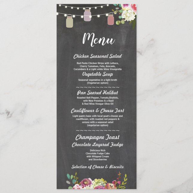 Menu de mariage dans des pots rustiques à la craie (Devant)