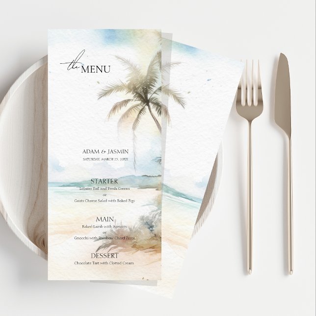 Menu de mariage de destination au palmier tropical (Watercolor Tropical Beach Palm Trees Wedding Menu)
