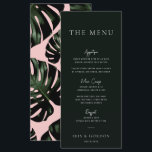 Menu de mariage de destination verte de verdure tr<br><div class="desc">Ce menu de mariages rose et vert foncé avec motif feuille monstère fera un grand ajout à votre décor tropical, destination ou de mariage sur la plage. Tout le texte est modifiable, il suffit de cliquer sur "Personnaliser ce modèle". Des articles correspondants, y compris la suite de Faire-part de mariage,...</div>