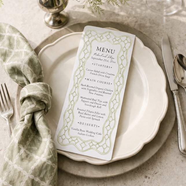 Menu de mariage de dîner à treillis français vert  (Sage Green French Trellis Wedding Dinner Menu)