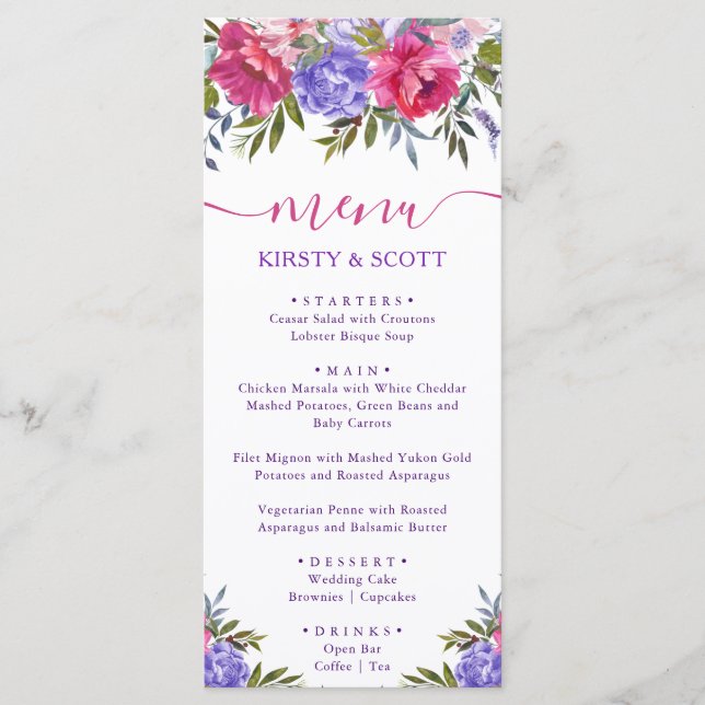 Menu de mariage de fleurs d'été aquarelle Boho (Devant)