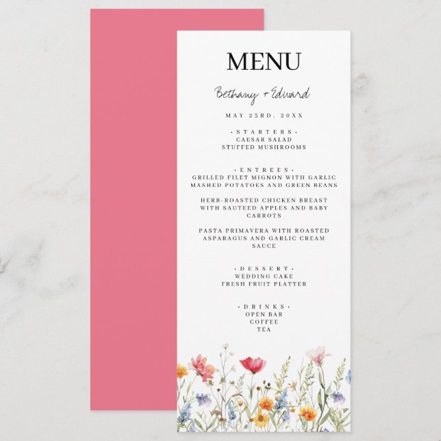 Menu de mariage de fleurs sauvages de printemps (Devant / Derrière)