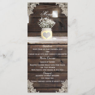 Menu de mariage de grange en bois rustique, dentel