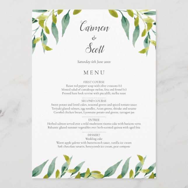 Menu de mariage de jardin champêtre verdoyant (Devant)