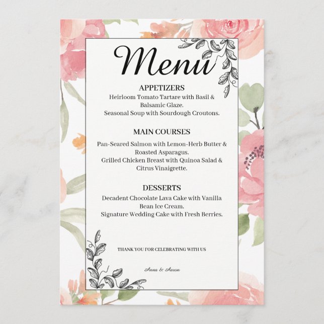 Menu de mariage de jardin de printemps pêche douce (Devant)