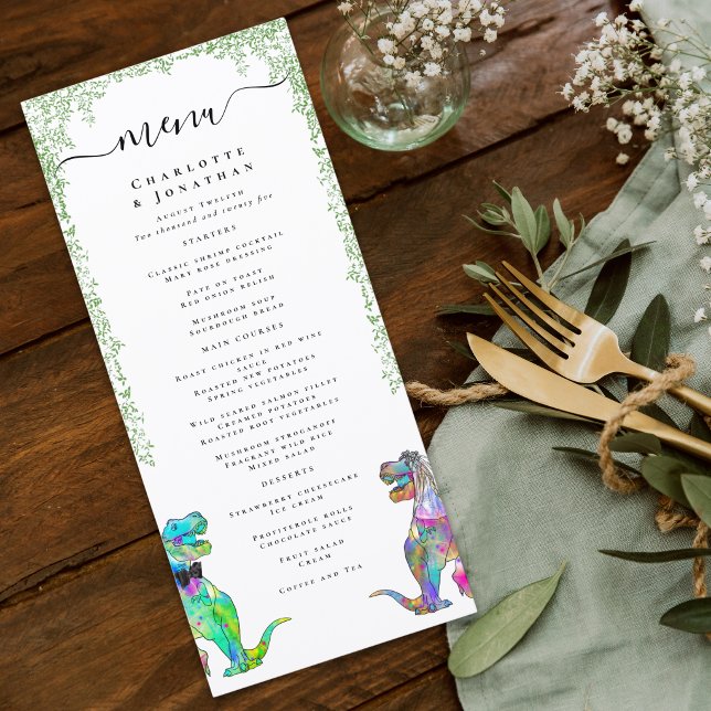 Menu de mariage de la mariée et du marié dinosaure (Colorful dinosaur bride and groom custom wedding menu with watercolor Jurassic jungle foliage)