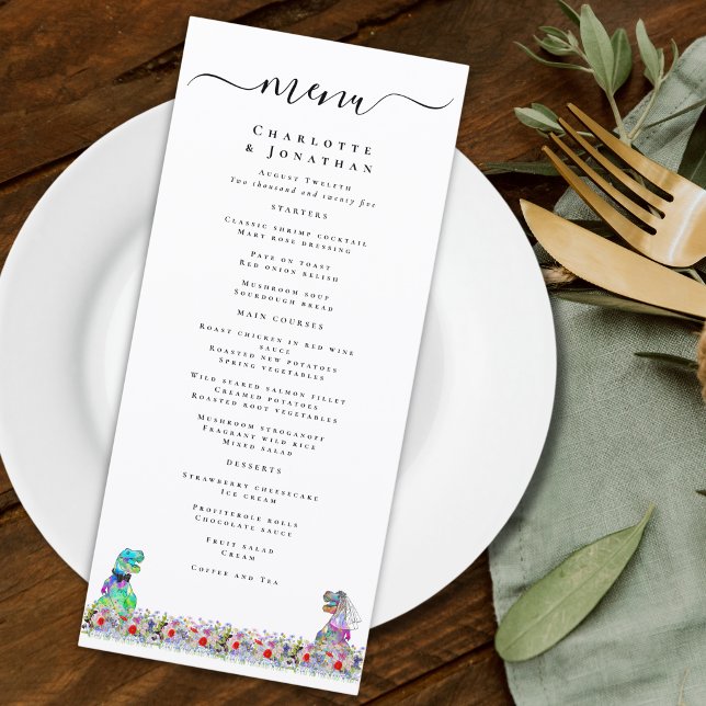 Menu de mariage de la mariée et du marié dinosaure (Colorful Funny dinosaur bride and groom wedding menu with with wildflower florals )