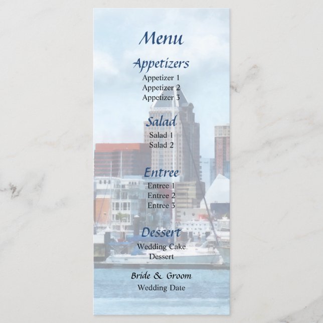Menu de mariage de la skyline et du port de Baltim (Devant)