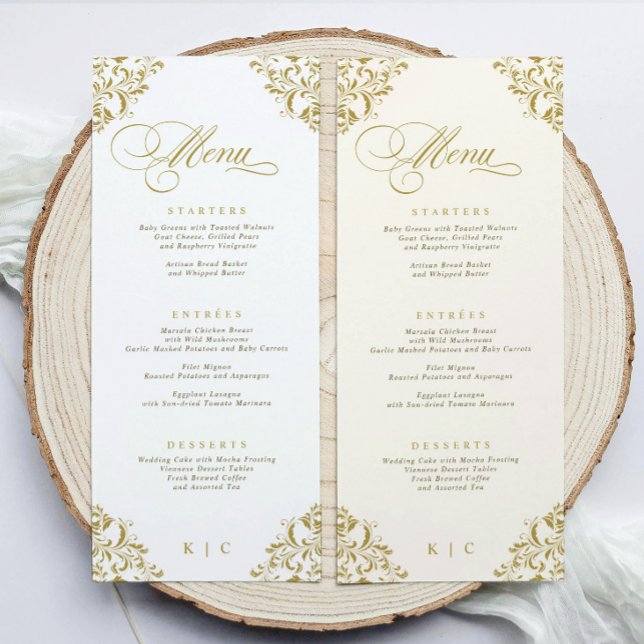 Menu de mariage de luxe en or élégant (Luxury gold wedding menu with elegant script—perfect for formal place settings)