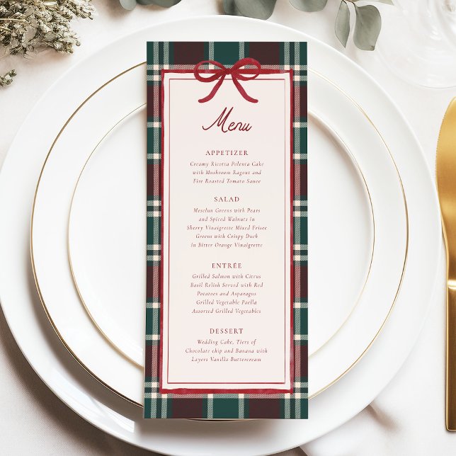 Menu de mariage de Noël à carreaux | Tartan des Fê (Burgundy green plaid Christmas wedding menu with red bow, elegant winter dinner design)