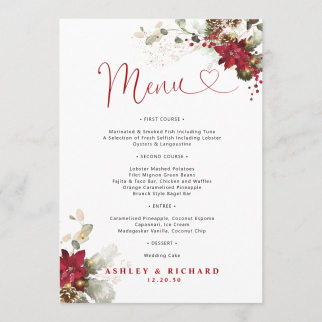 Menu de mariage de Noël à fleurs rouges  (Devant)