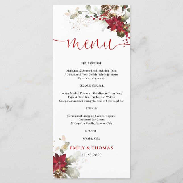 Menu de mariage de Noël à fleurs rouges  (Devant)