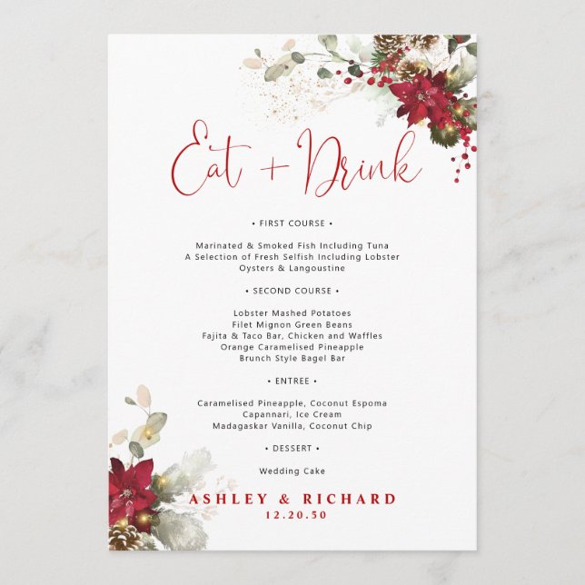 Menu de mariage de Noël à fleurs rouges  (Devant)