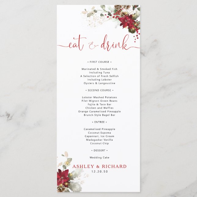 Menu de mariage de Noël à fleurs rouges  (Devant)