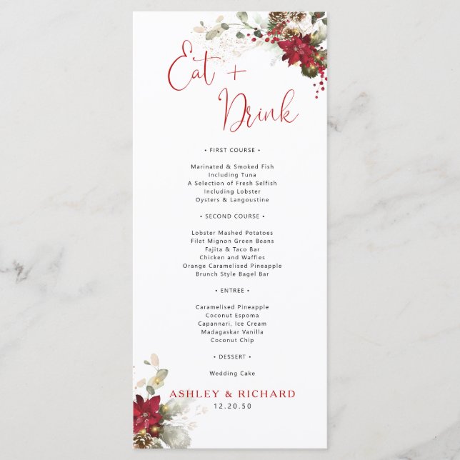 Menu de mariage de Noël à fleurs rouges  (Devant)