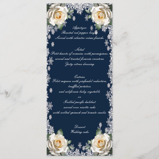 Menu de mariage de Noël à flocons de neige et rose (Devant)