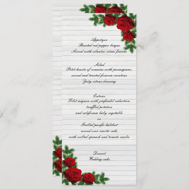 Menu de mariage de Noël avec roses rouges et branc (Devant / Derrière)