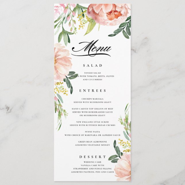Menu de Mariage de pivoine rose pâle (Devant)