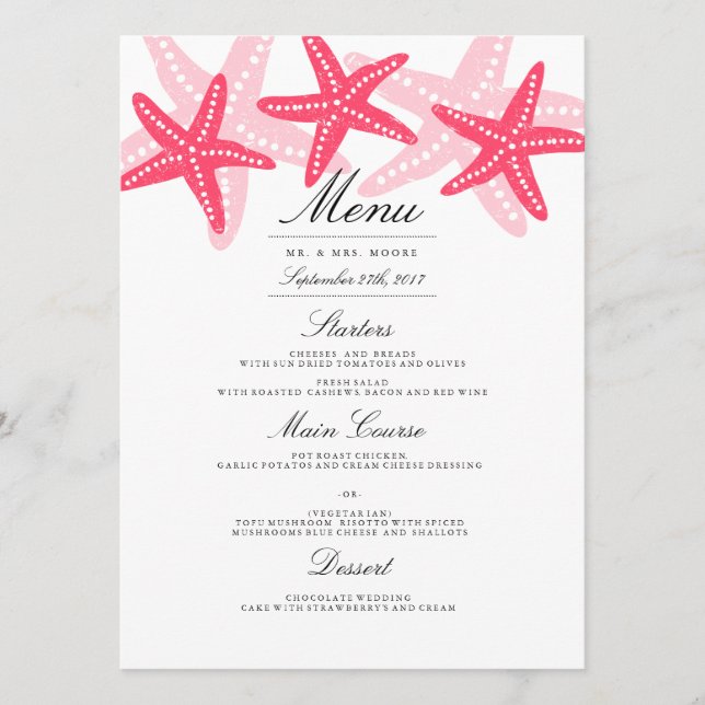 Menu de mariage de plage Coral Starfish Dinner (Devant)